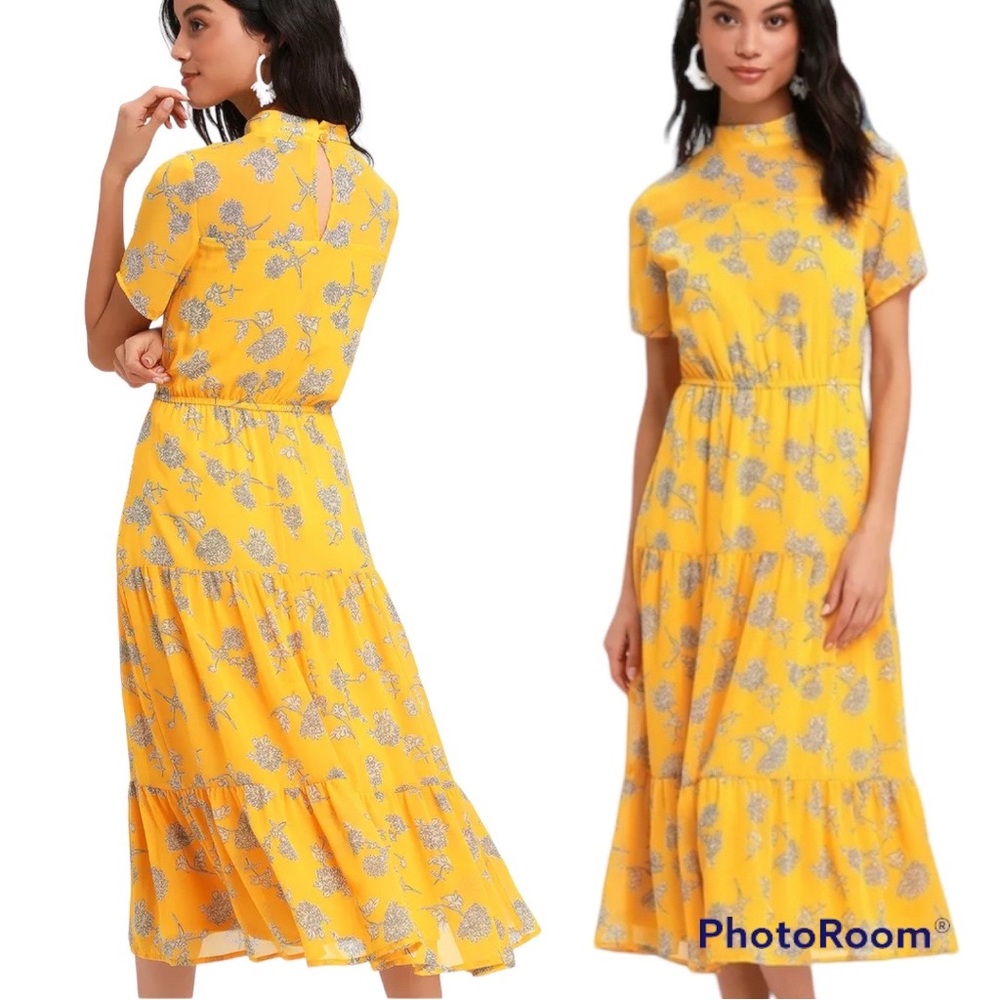 LULUS Golden Yellow Floral Midi Dress